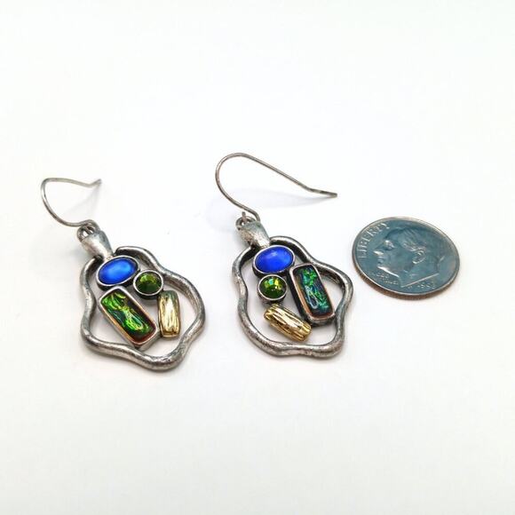 Chico's Silver Tone Drop Earrings, Blue and Green Stones, Hook Ear Wire - Picture 9 of 9